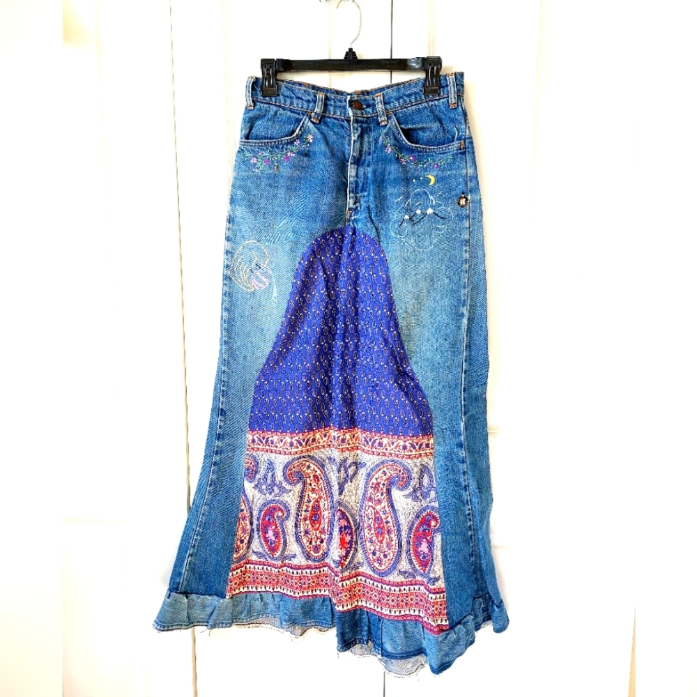 Orange Tab Levi Denim Altered Embroidered Hippie‎ Skirt 28" waist 1960s 1970s